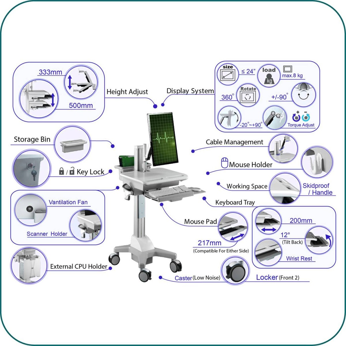 Aavara CNR01 Mobile Medical Cart - Single Monitor Arm type